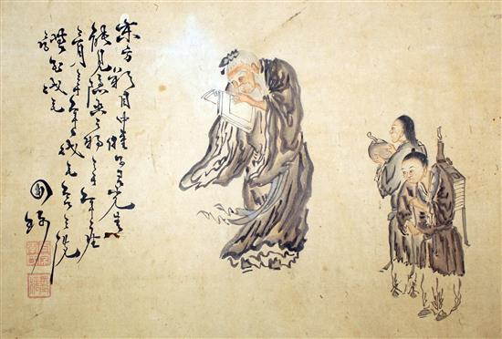 A 19th century Chinese School painting of a scholar and two children, overall 39.5 x 61.5cm